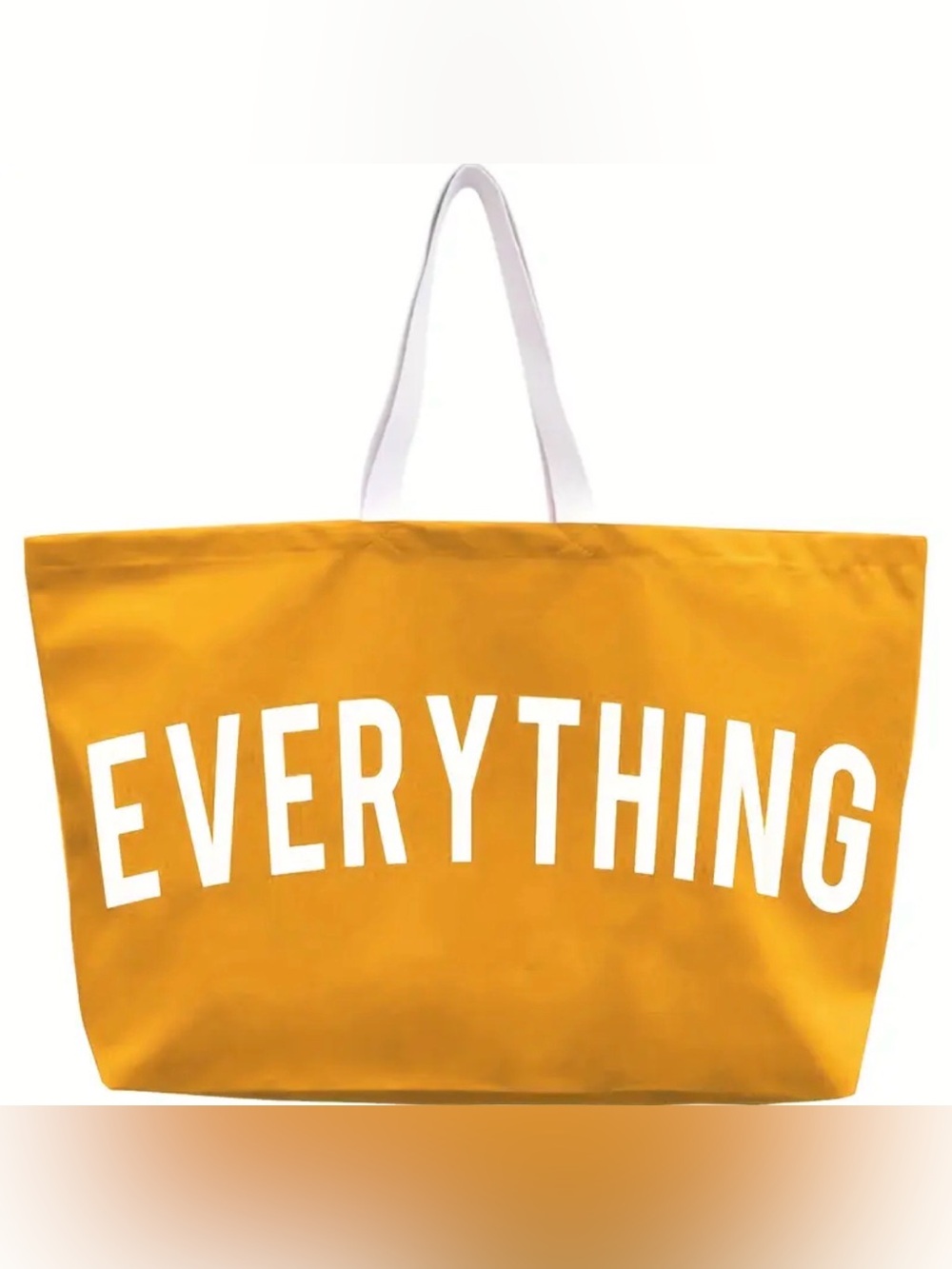Yellow Tote Bag with White Handles and 'EVERYTHING' Print